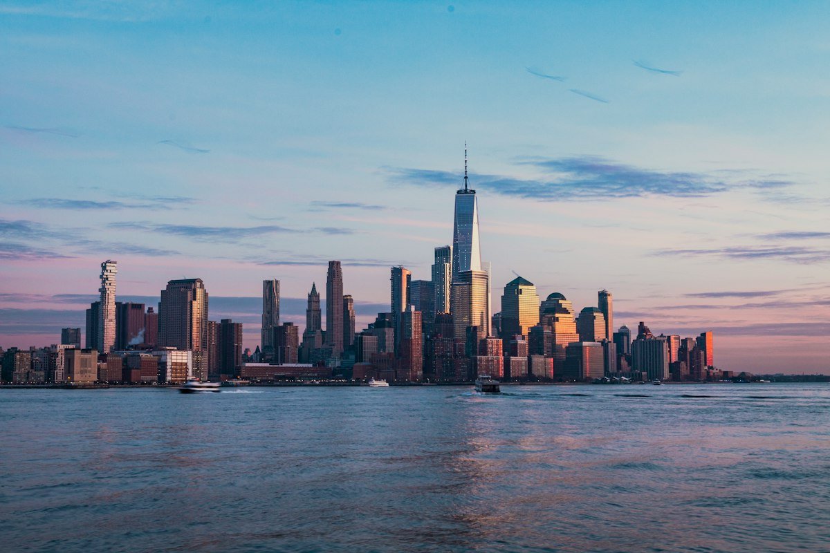 New York City skyline glowing at sunset